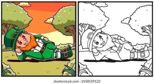 St Patrick is relaxing with garden background coloring page illustration