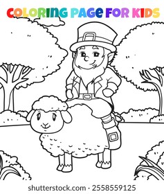 St Patrick is riding a sheep with a garden in the background outline coloring page illustration