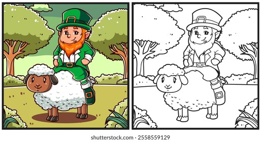St Patrick is riding a sheep with a garden in the background