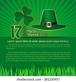 St. Patrick 's Day background with space for text. March 17th. Vector illustration with green leprechaun hat and shamrock clover. Vector symbols of St. Patrick's Day on a retro background.