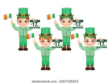 St. Patrick s Day with boys in Irish costumes. boy holding Irish flag and calendar cartoon character design vector