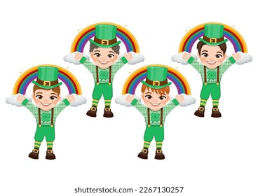 St. Patrick s Day with boys in Irish costumes. boy funny with rainbow and cloud cartoon character design vector