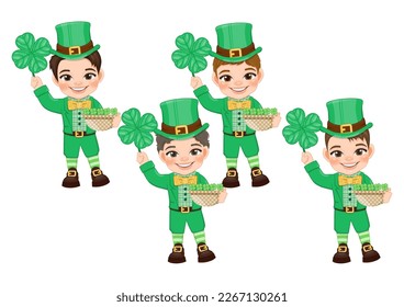 St. Patrick s Day with boys in Irish costumes. boy holding four leaf clover basket cartoon character design vector