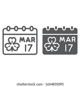 Línea del calendario del Día de San Patricio e icono del glifo, día de despedida y festividad irlandesa, signo de fecha de patrick, gráficos vectoriales, un patrón lineal en un fondo blanco, pasos 10