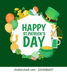 St. Patrick s Day Card template with elements, shamrock, leprechaun hat, green beer,clover leaves, golden coins pot, Ireland flag and golden horseshoe Irish holiday cartoon character design vector