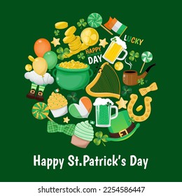 St. Patrick s Day Card template with elements, shamrock, leprechaun hat, green beer,clover leaves, golden coins pot, Ireland flag and golden horseshoe Irish holiday cartoon character design vector