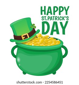 St. Patrick s Day Card template with leprechaun hat and gold of pot. Invitation card to an Irish party at the Pub cartoon character design vector