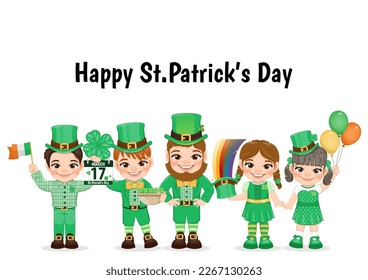 St. Patrick s Day Card template with leprechaun and kids in Irish costumes. Invitation card to an Irish party at the Pub cartoon character design vector