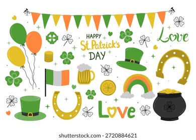 Conjunto de dibujos animados del Día de San Patricio. Una colección de Elementos para unas vacaciones irlandesas.