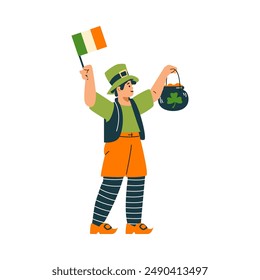 St. Patrick 's Day. Child celebrates the holiday. Boy in a hat holds a flag in his hand, and in the other a cauldron with gold and a clover sign. Irish traditions. Vector illustration isolated.