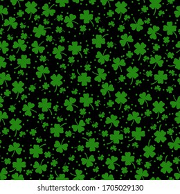 St Patrick s Day Clover seamless pattern. Vector illustration for lucky spring design with shamrock. Green clover isolated on black background. Ireland symbol pattern. Irish decor for web site. eps10