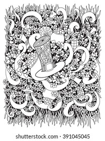 St. Patrick 's Day coloring book page for adults. Vector cartoon hand drawn illustration with pot of gold coin, clover, leprechaun hat and horseshoe isolated on a white background.