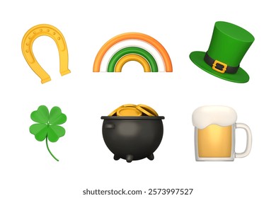 St. Patrick s Day decorative elements. Good luck symbols in 3d realistic style. Clover, pot of money, leprechaun hat, beer, horseshoe, rainbow. Vector illustration.