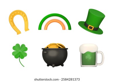 St. Patrick s Day decorative elements. Good luck symbols in 3d realistic style. Clover, pot of money, leprechaun hat, beer, horseshoe, rainbow. Vector illustration.