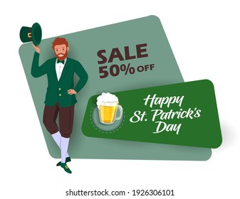 St. Patrick 's Day discount and sale sticker with Irish fantastic character Leprechaun. Special offer banner Vector design