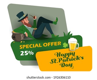 St. Patrick 's Day discount and sale sticker with Irish fantastic character Leprechaun. Special offer banner Vector design