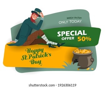 St. Patrick 's Day discount and sale sticker with Irish fantastic character Leprechaun. Special offer banner Vector design