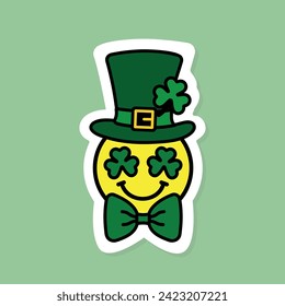 st patrick s day emoji sticker, leprechaun emoticon with green hat and bow tie, vector design elements