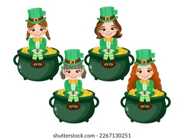 St. Patrick s Day with girls in Irish costumes. girl sitting in pot of gold cartoon character design vector