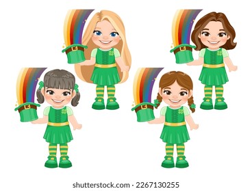 St. Patrick s Day with girls in Irish costumes. girl holding rainbow in leprechaun hat cartoon character design vector