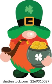 St Patrick s Day gnome is smoking pipe and holding a pot full of gold coins

