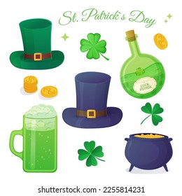 St. Patrick s Day green elements set. Luck potion, trefoil, chevron, pot with gold, coins, green beer, fortune concept. Stock vector illustration in realistic cartoon style isolated on white