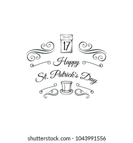 St. Patrick s Day greeting card. Calendar and leprechaun s hat. Swirly lines, ornate frames, filigree and flourish elements. Vector illustration.