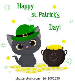 St. Patrick s Day greeting card. Cute gray kitten in a green leprechaun hat sitting, bowler hat with gold coins, clover. Cartoon style, flat design. Vector illustration.