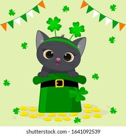 St. Patrick s Day greeting card. Cute gray cat in a rim with clover, sitting in a green hat, a dwarf, gold coins. Cartoon style, flat design. Vector illustration.