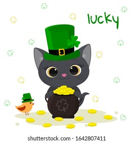 St. Patrick s Day greeting card. Cute gray kitten in a green hat of a leprechaun holds a bowler with gold coins, bird, clover. Cartoon style, flat design. Vector illustration.