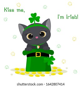 St. Patrick s Day greeting card. Cute gray cat in a rim with clover, sitting in a green hat, a dwarf, gold coins. Cartoon style, flat design. Vector illustration.