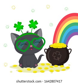 St. Patrick s Day greeting card. Cute gray kitten in a rim of clover and glasses sitting, a bowler hat with gold coins, a rainbow. Cartoon style, flat design. Vector illustration.