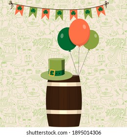 St. Patrick s Day greeting card with hand-drawn pictures. A doodle of beer, a rainbow, a leprechaun s beard, coins, a bowler hat, a clover, a top hat, an Irish flag and a beer mug. Template for a