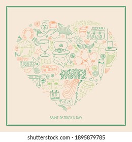 St. Patrick s Day greeting card with hand-drawn pictures. A doodle of beer, a rainbow, a leprechaun s beard, coins, a bowler hat, a clover, a top hat, an Irish flag and a beer mug. Template for a
