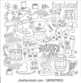 St. Patrick s Day greeting card with hand-drawn pictures. A doodle of beer, a rainbow, a leprechaun s beard, coins, a bowler hat, a clover, a top hat, an Irish flag and a beer mug. Template for a