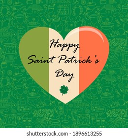 St. Patrick s Day greeting card with hand-drawn pictures. A doodle of beer, a rainbow, a leprechaun s beard, coins, a bowler hat, a clover, a top hat, an Irish flag and a beer mug. Template for a