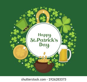 St. Patrick s Day greeting card, invitation, poster, flyer. Template for your design with clover, shamrock. Vector illustration