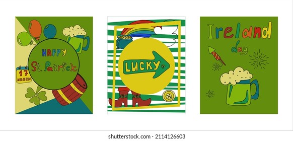 St. Patrick s Day greeting cards with hand-drawn pictures. A doodle of beer, Ireland, pub, bar, party. Template for a postcard, invitation, advertisement or banner for the Irish holiday of March 17