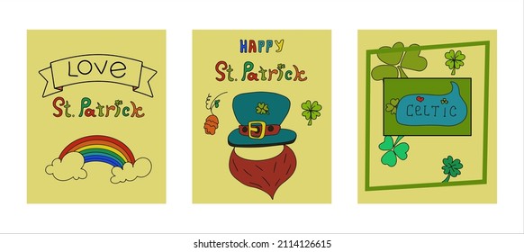 St. Patrick s Day greeting cards with hand-drawn pictures. A doodle of beer, Ireland, pub, bar, party. Template for a postcard, invitation, advertisement or banner for the Irish holiday of March 17