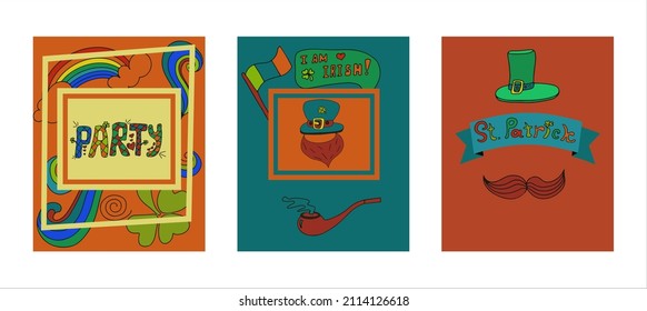 St. Patrick s Day greeting cards with hand-drawn pictures. A doodle of beer, Ireland, pub, bar, party. Template for a postcard, invitation, advertisement or banner for the Irish holiday of March 17