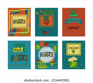 St. Patrick s Day greeting cards with hand-drawn pictures. A doodle of beer, Ireland, pub, bar, party. Template for a postcard, invitation, advertisement or banner for the Irish holiday of March 17