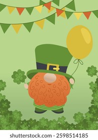 St. Patrick s Day greeting card. Adorable leprechaun holding a balloon and a four-leaf clover. Greeting card or party invitation. Green background.