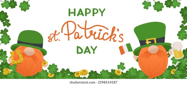 St. Patrick s Day horizontal banner with two cute leprechauns. Four-leaf clover. White background.