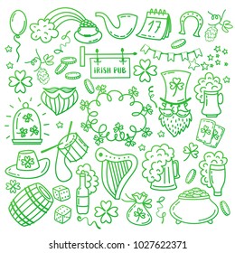 St. Patrick s Day icons set isolated on white background. Hand drawn doodle style vector illustration