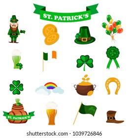 St. Patrick s day icons. Vector saint patrick irish green hat clover set vector illustration beer ireland day saint gold luck shamrock symbol leprechaun celebration icon leaf pot flag sign
