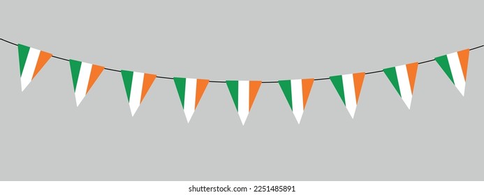 día de san patrick, irlanda, guirnalda de amarre, hilera de banderas triangulares colores nacionales, pendiente, decoración carnaval irlandesa, ilustración vectorial de estilo retro