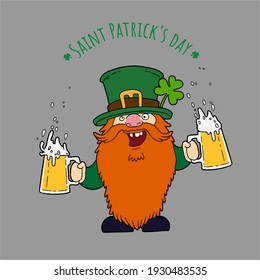 St. Patrick s Day Irish Leprechaunt character with hat, beard, mustache, clover and beer. Cartoon funny gnome in vector. Separation background. For cards, decor, shirt design, invitation to the pub.