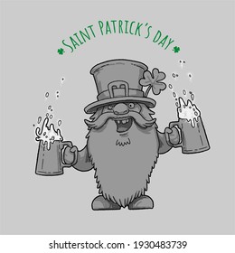St. Patrick s Day Irish Leprechaunt character with hat, beard, mustache, clover and beer. Cartoon funny gnome in vector. Separation background. For cards, decor, shirt design, invitation to the pub.