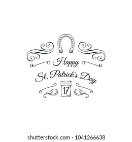 St. Patrick s Day label. 17 Tear-off calendar, horseshoe and swirls. Vector illustration isolated on white background.