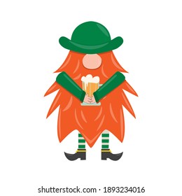 St. Patrick s Day leprechaun. Cute funny garden gnome whith beer. Cartoon vector illustration for pub invitation, t-shirt design, cards or decor